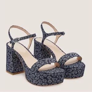 Stuart‎ Weitzman Leopard Print Denim Platform Block Heel Sandals Size 6